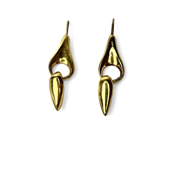 Dangle Earrings Gold Tone Post Double Drop Polished Shiny Pierced Hook Artistic - Picture 4 of 7